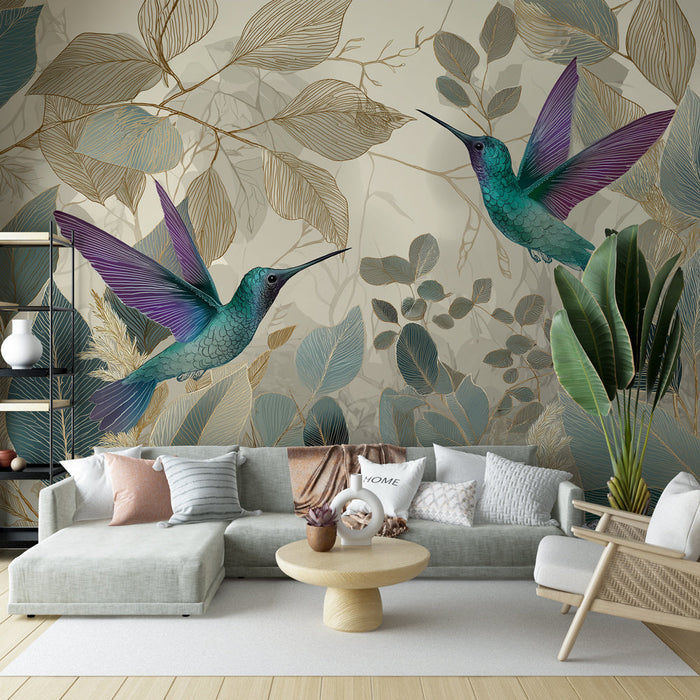 Fototapet kolibris | Zarif yapraklar arka planında muhteşem kuşburnular