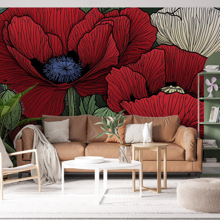 Falikép pipacs | Élénk virágminta piros és zöld színekben