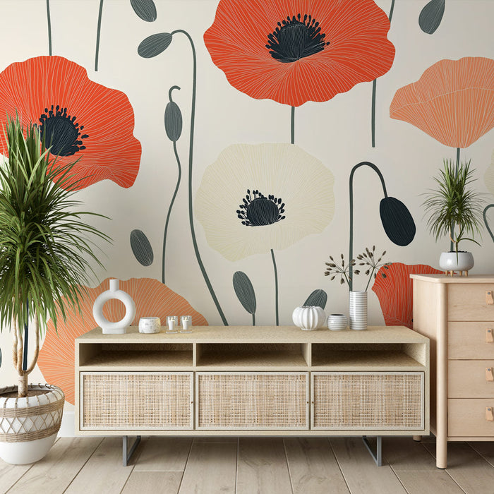 Falikép tapéta pipacs | Színes pipacs virágminták világos háttéren