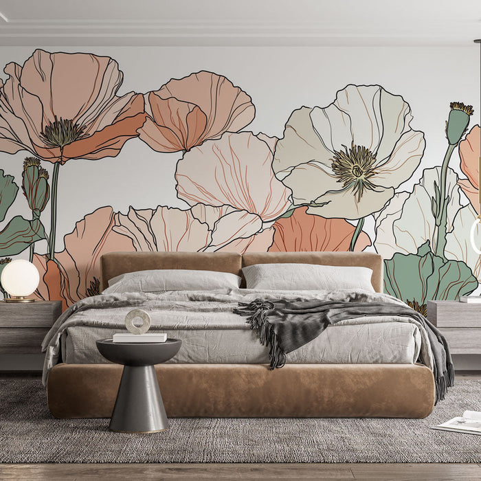 Papel de parede coquelicots | Padrão floral delicado com tons suaves