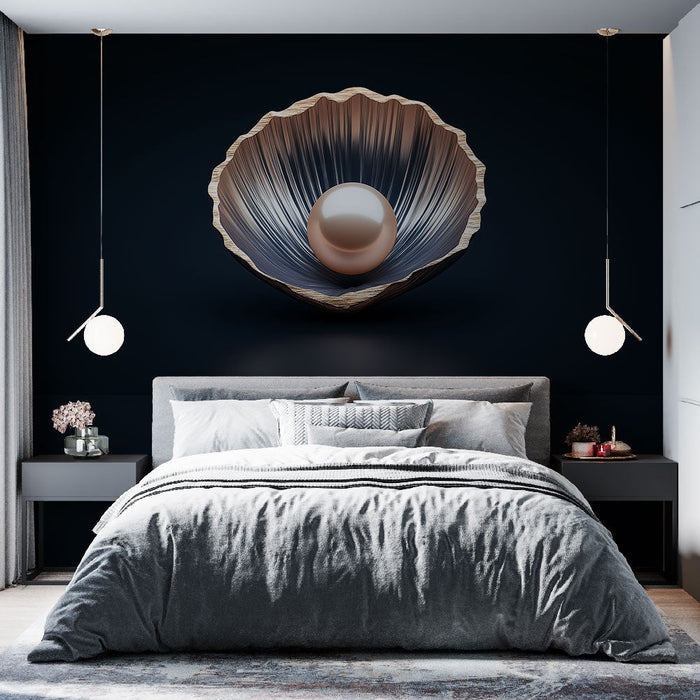 Mural Wallpaper shell with pearl | Elegant silver shell decorated with a pearly pearl