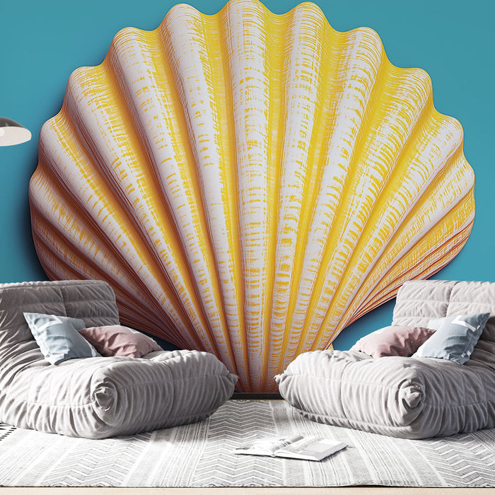 Ταπετσαρία κοχύλι | Λευκό και κίτρινο κοχύλι σε τυρκουάζ φόντο