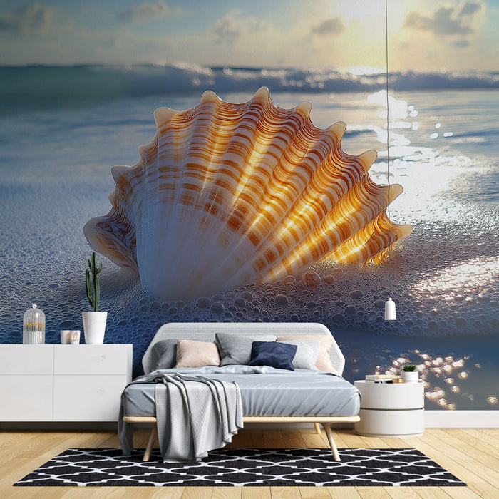 Papel de parede concha do mar | Concha espiral em uma praia ensolarada