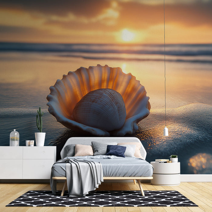 Papel de parede concha do mar | Concha do mar iluminada ao pôr do sol na praia