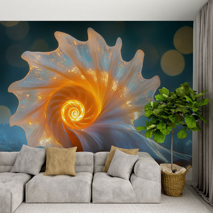 Fototapet skal | Spiralformad skal med gyllene reflektioner