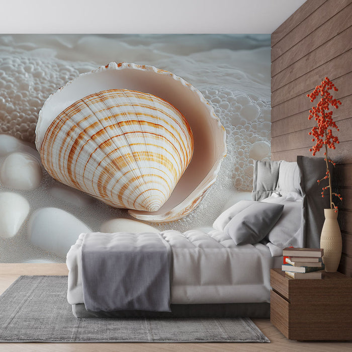 Mural Wallpaper shell | Shell on a bed of white pebbles and water