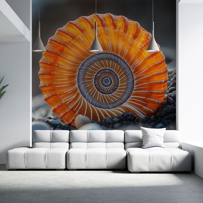Foto Behang schelp | Levendige oranje schelp met spiraalpatronen
