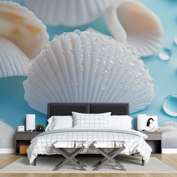 Mural Wallpaper shell | Elegant white shells with water droplets on a blue background