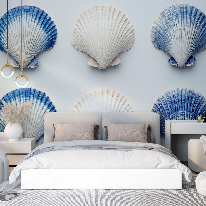 Papel de parede concha do mar | Padrão de concha marinha em gradiente de azul e branco
