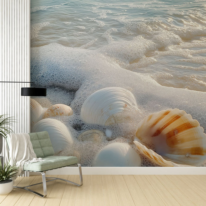 Papel de parede concha do mar | Padrão de concha do mar na praia com ondas e espuma