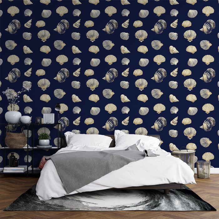 Mural Wallpaper coquillage | Elegant marine pattern on navy background