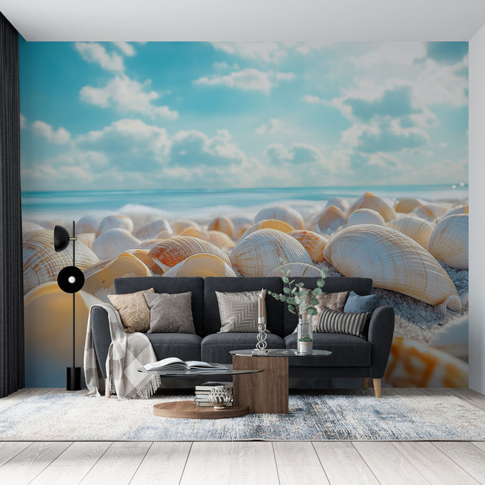 Mural Wallpaper shells | Collection of white shells on the sand