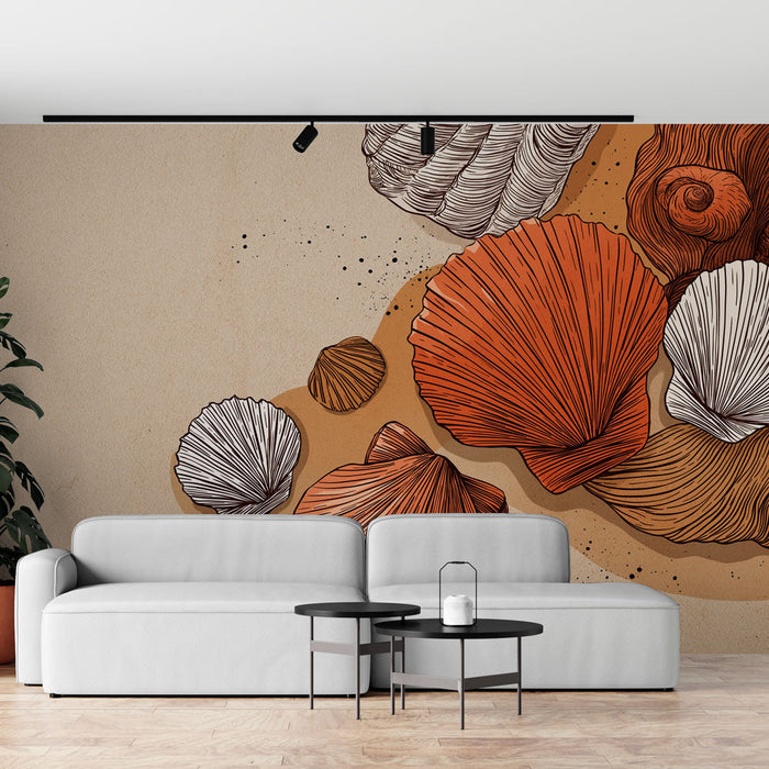 Tapete с раковини | Стилизирани раковини върху природен бежов фон