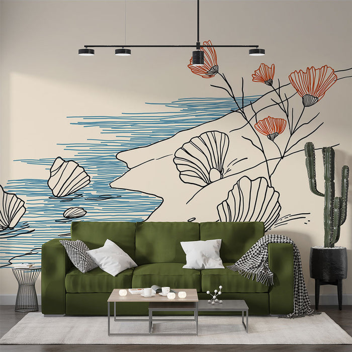 Fototapeet merekarbid ja lilled | Õrn illustratsioon oranžidest merekarpidest ja lilledest beežil taustal