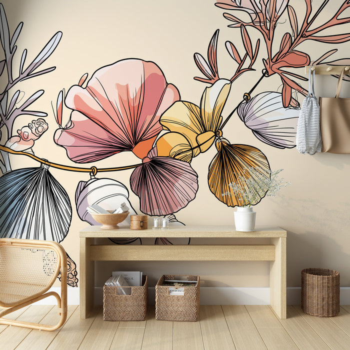 Tapeta s mušlemi a květinami | Jemné květinové vzory kombinované s barevnými mušlemi