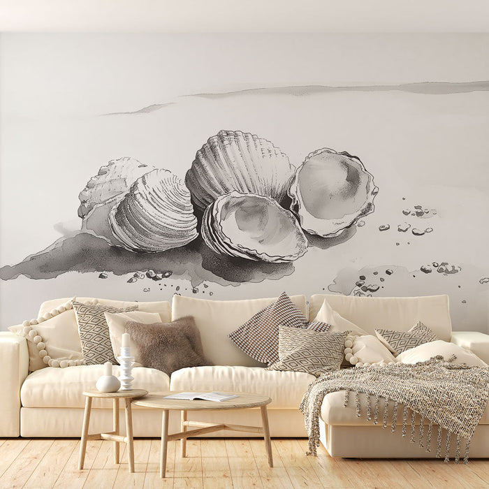 Papel de parede conchas do mar | Ilustração elegante de conchas do mar em preto e branco