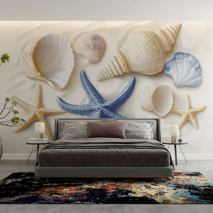 Papel de parede mural conchas do mar | Padrão artístico de conchas do mar e estrelas-do-mar em um fundo arenoso
