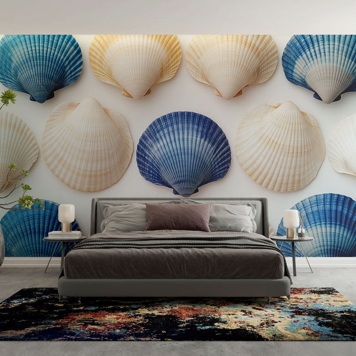 Mustriline tapeet kestadega | Õrn kestade muster sinistes ja beežides toonides