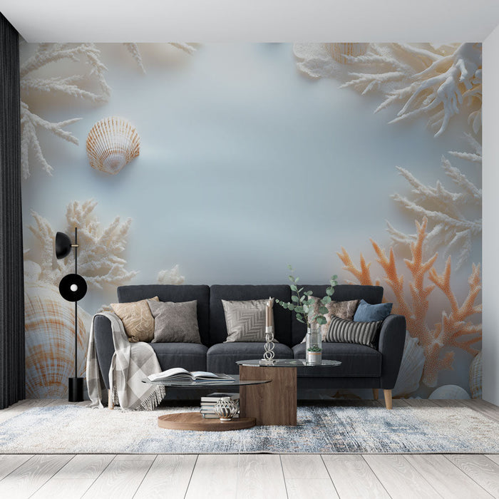 Papel de parede conchas do mar | Padrão elegante de conchas e corais em um fundo suave