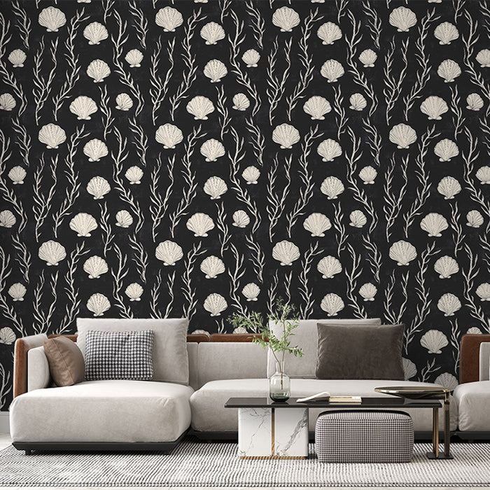 Papel de parede com conchas | Padrões de conchas brancas em um elegante fundo preto