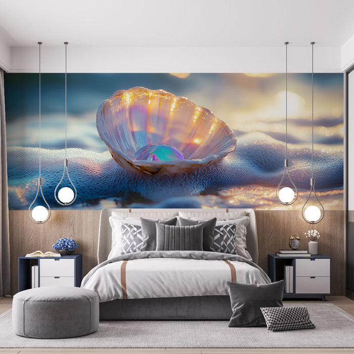 Papel pintado nácar | Concha con perla iridiscente sobre fondo marino