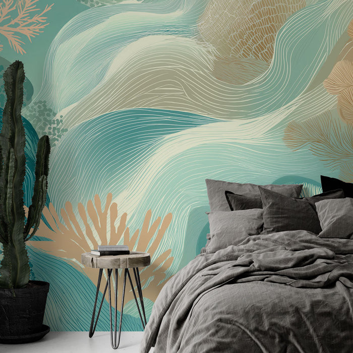 Тапет за морския свят корал | Флуидни коралови мотиви и морски вълни в успокояващи нюанси