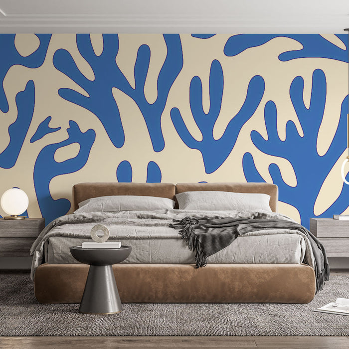 Ταπετσαρία τοίχου κοραλί μπλε | Αφηρημένες σιλουέτες σε μπεζ φόντο