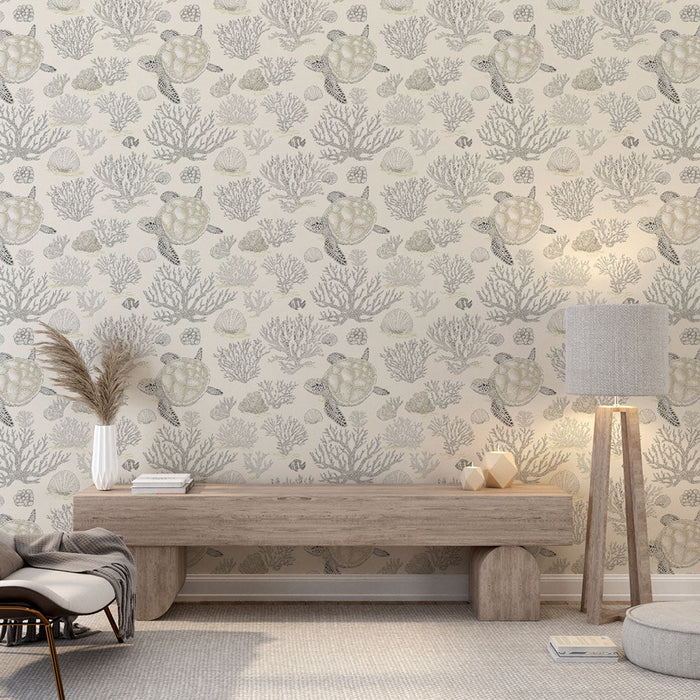 Fototapeet korall ja kilpkonn | Rahustavad mere mustrid kreemisel taustal