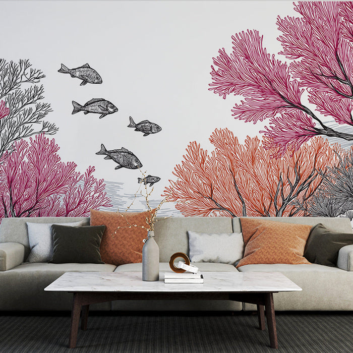 Tapetti koralli | Vesiaiheinen kuviointi värikkäillä koralleilla ja kaloilla