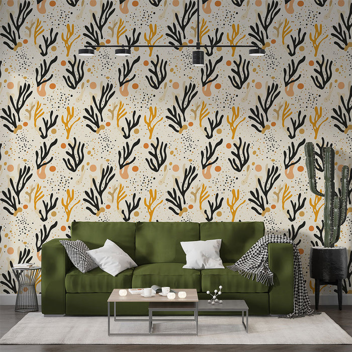 Papel de parede mural corail | Motivo abstrato de coral com toques de terra e preto