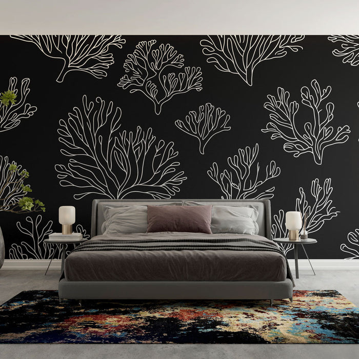 Mural Wallpaper coral | White coral pattern on black background