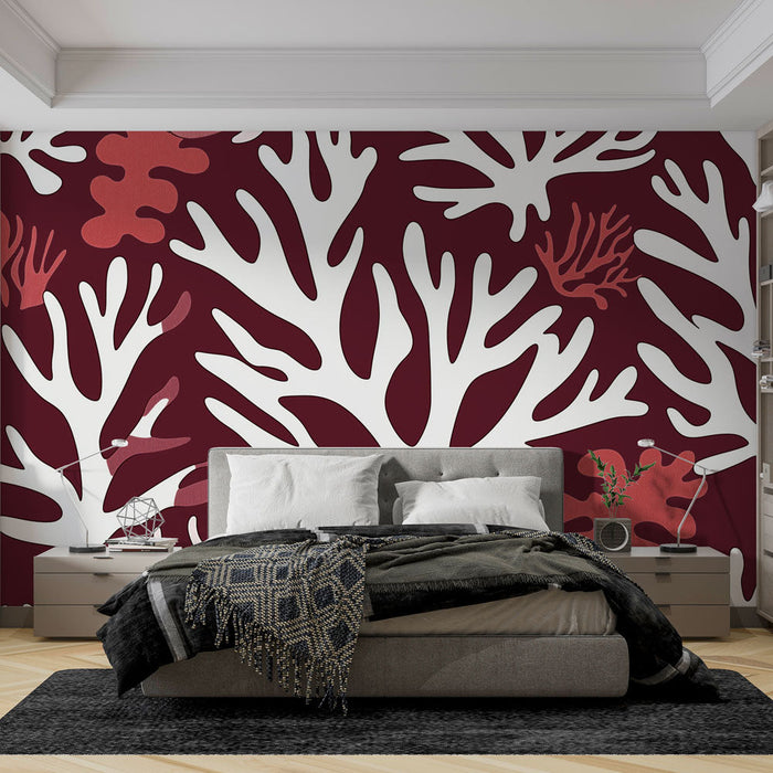 Papel de parede coral | Padrão de corais brancos e vermelhos em fundo bordô