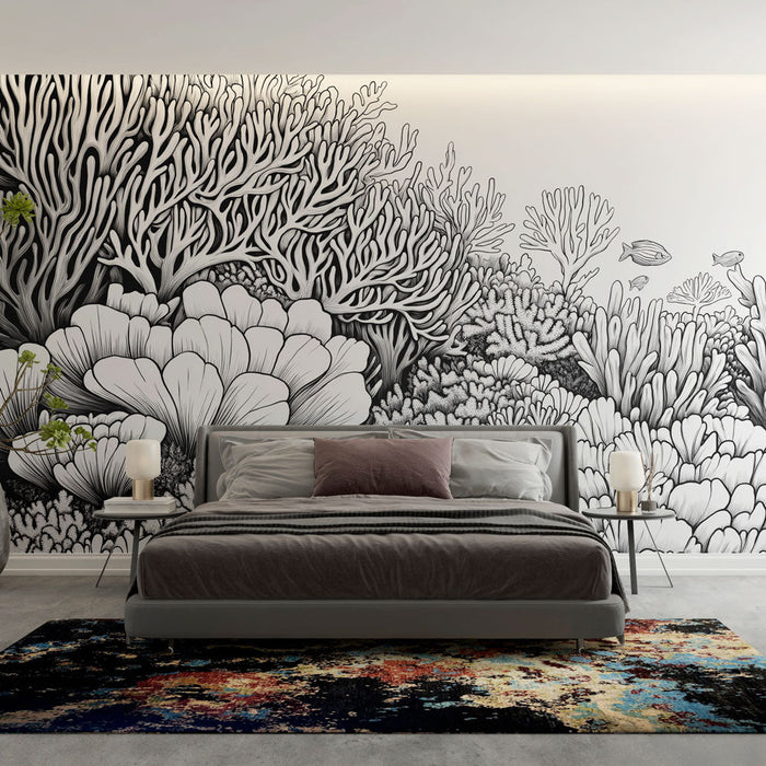 Mural Wallpaper coral | Pattern of corals and underwater vegetation in black and white