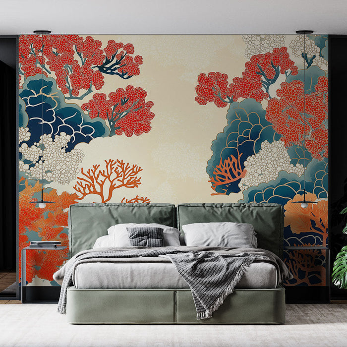 Tapetti koralli | Värikkäitä korallikuvioita beige taustalla
