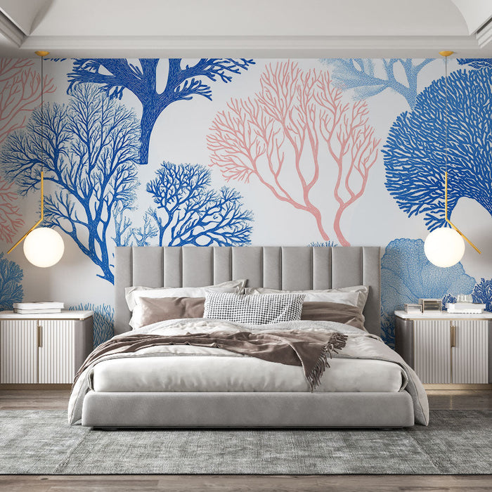 Mural Wallpaper coral | Coral and seaweed patterns in blue and pink on a white background