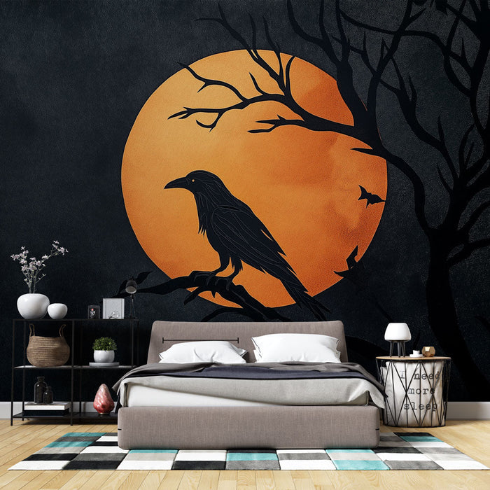 Mural Wallpaper vrana | Silueta vrane ispred punog narančastog mjeseca