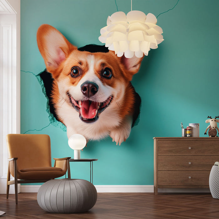 Tapet corgi | 3D som kommer ut av veggen