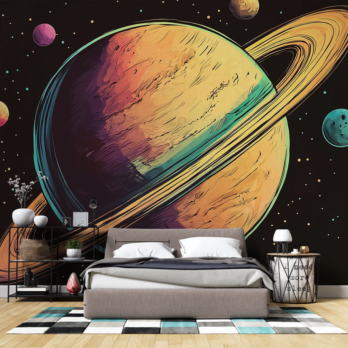 Papel pintado cosmos | Ilustración colorida de un planeta y sus satélites
