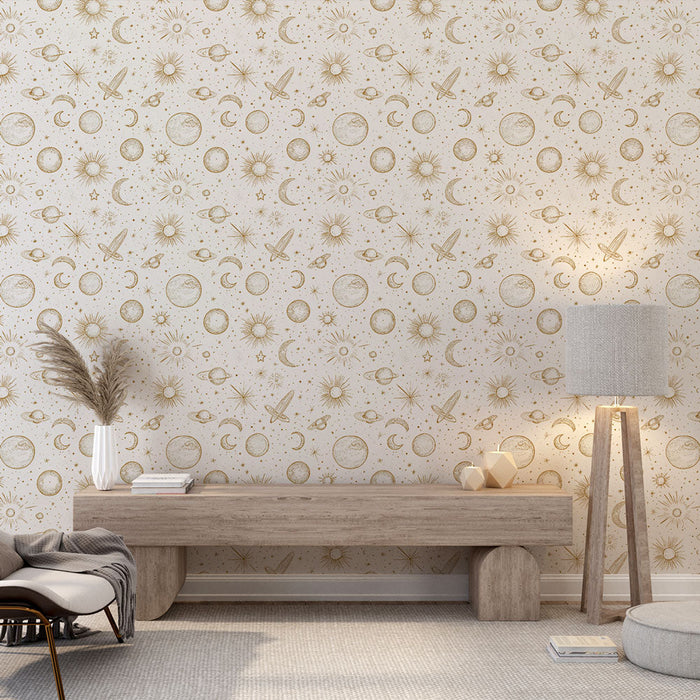 Tapeta s motivem vesmíru | Jemný astrální motiv s zlatými hvězdami a planetami