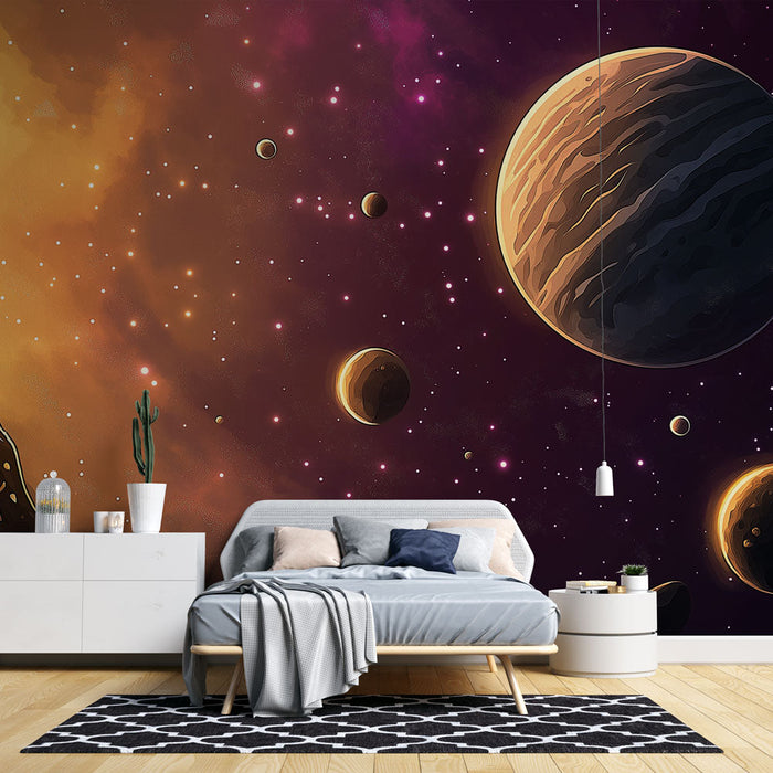 Tapet kosmos | Mystiskt univers med planeter og lyse stjerner