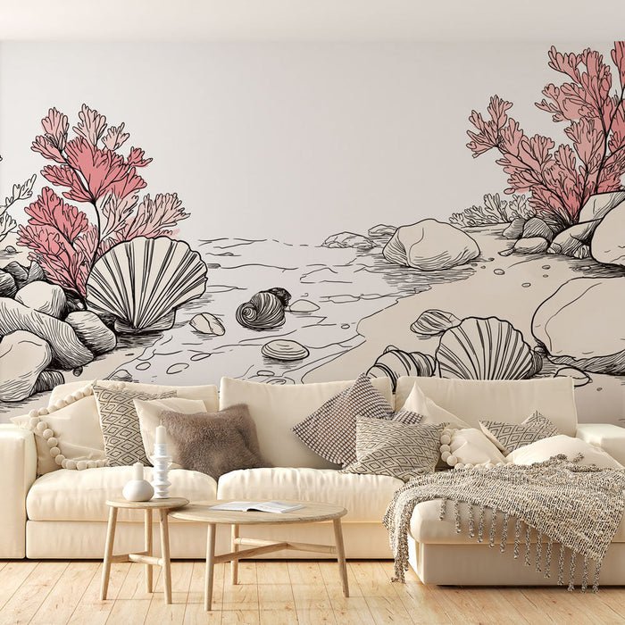 Ακτοπλοϊκό ταπετσαρίας | Εικονογράφηση λεπτών κοραλλιών και κοχύλια