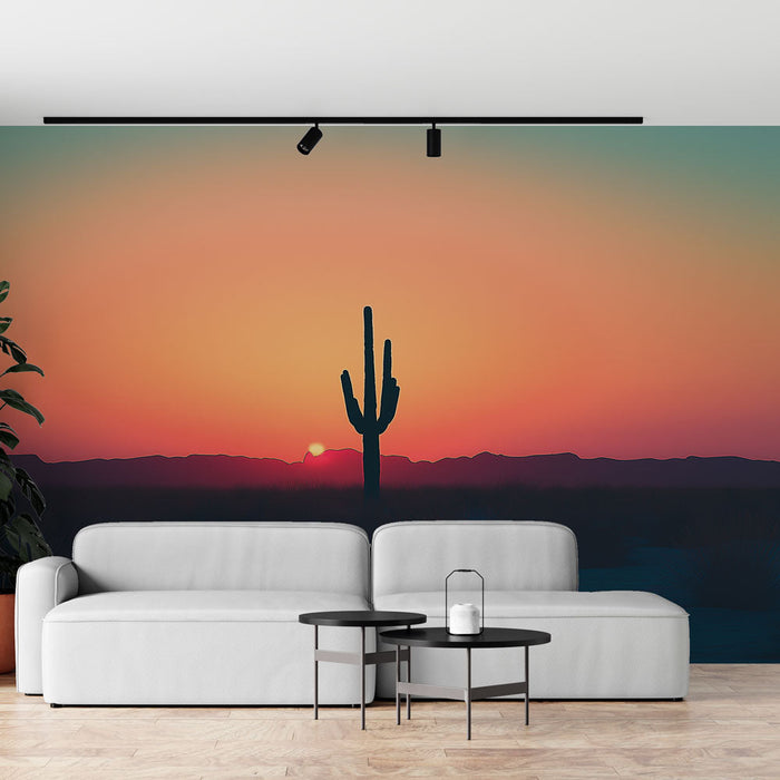 Mural Wallpaper ørken solnedgang | Silhuett av kaktus i levende skumring