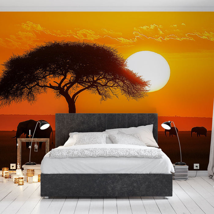 Carta da parati tramonto | Eleganza africana con elefanti in silhouette