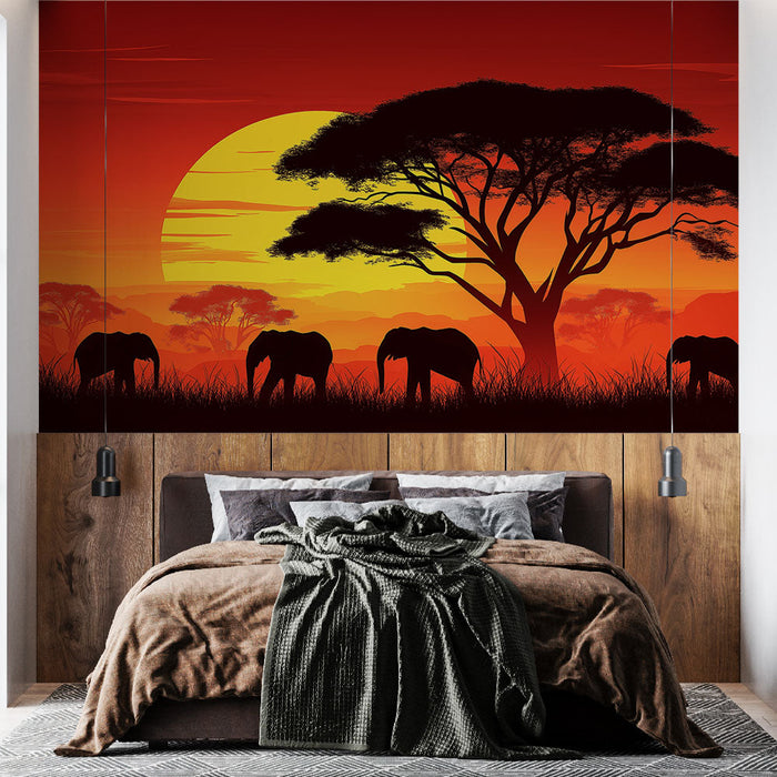 Mural Wallpaper sunset | Elegant wild scene with elephants