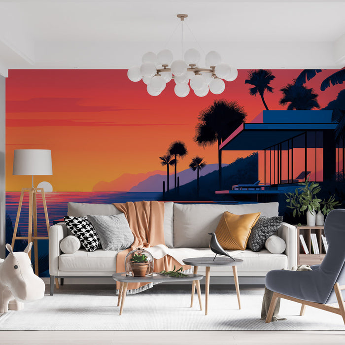 Tapetti auringonlasku | Moderni kuvaus huvilasta meren rannalla hehkuvan auringonlaskun kanssa