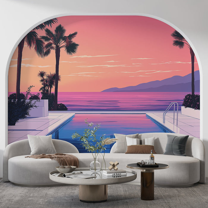 Mural Wallpaper sunset | Modern interior with sea view and palm trees