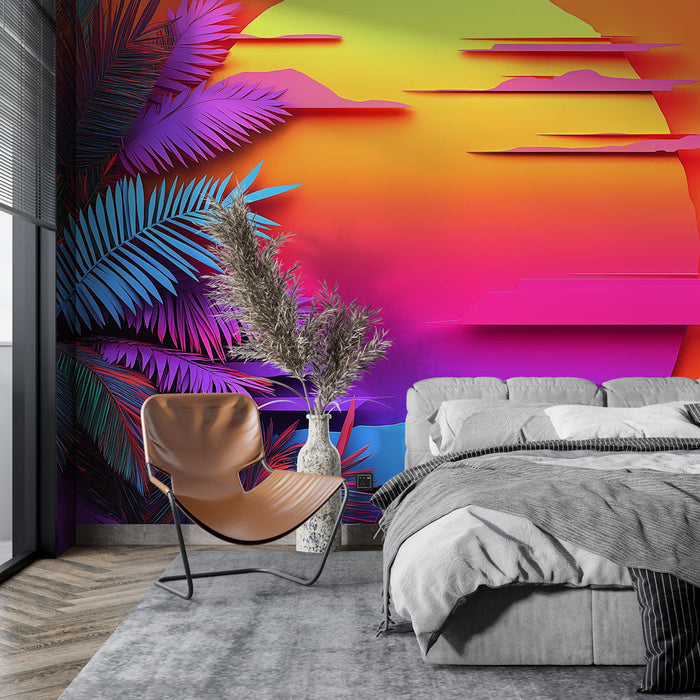 Fototapet günbatımı | Stilize palmiye ağaçlarıyla renkli ve tropikal desen