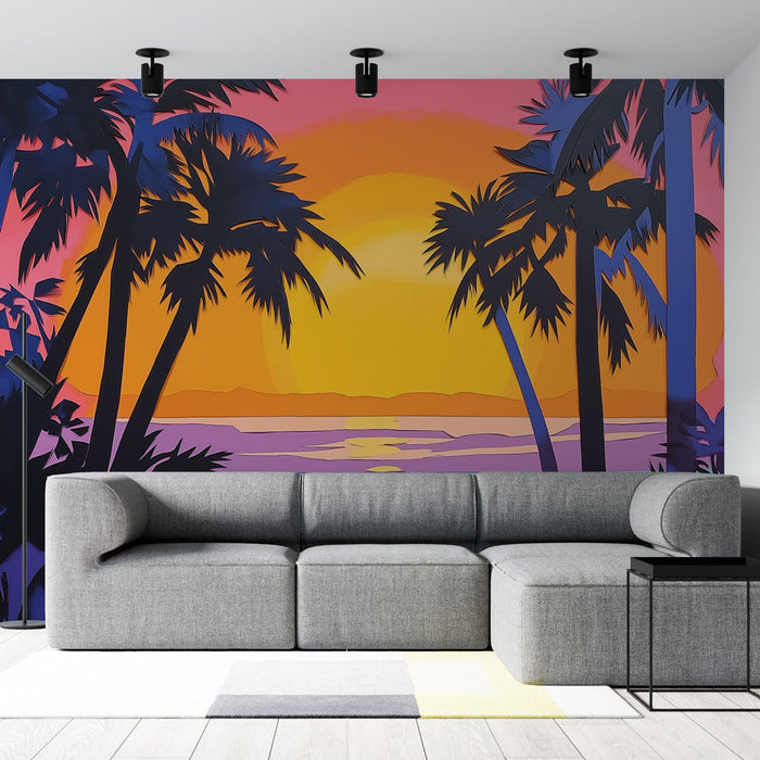 Papel de parede pôr do sol | Paleta vibrante de cores tropicais com silhuetas de palmeiras