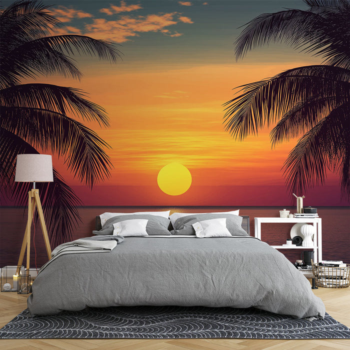 Tapeta zachód słońca | Czarne palmy na tle ożywionego zachodu słońca