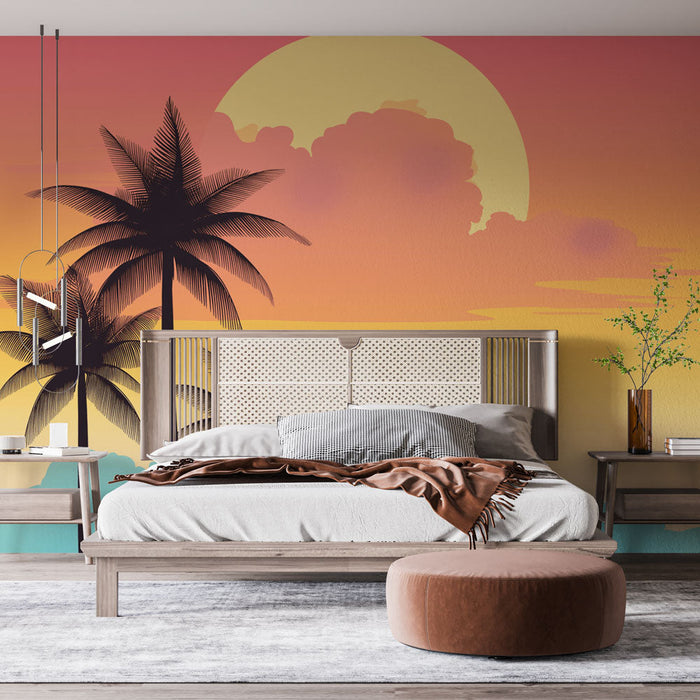 Tapet apus | Palmieri siluetați pe un fundal de cer colorat